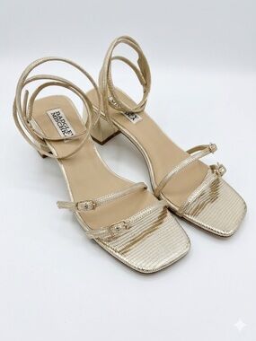 Badgley Mischka Dania Gold Snake Strappy Block Heels Sandal Square Toe Size 6